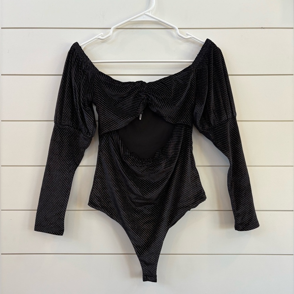 Lovers + Friends Black Sequenced Off-Shoulder Bodysuit